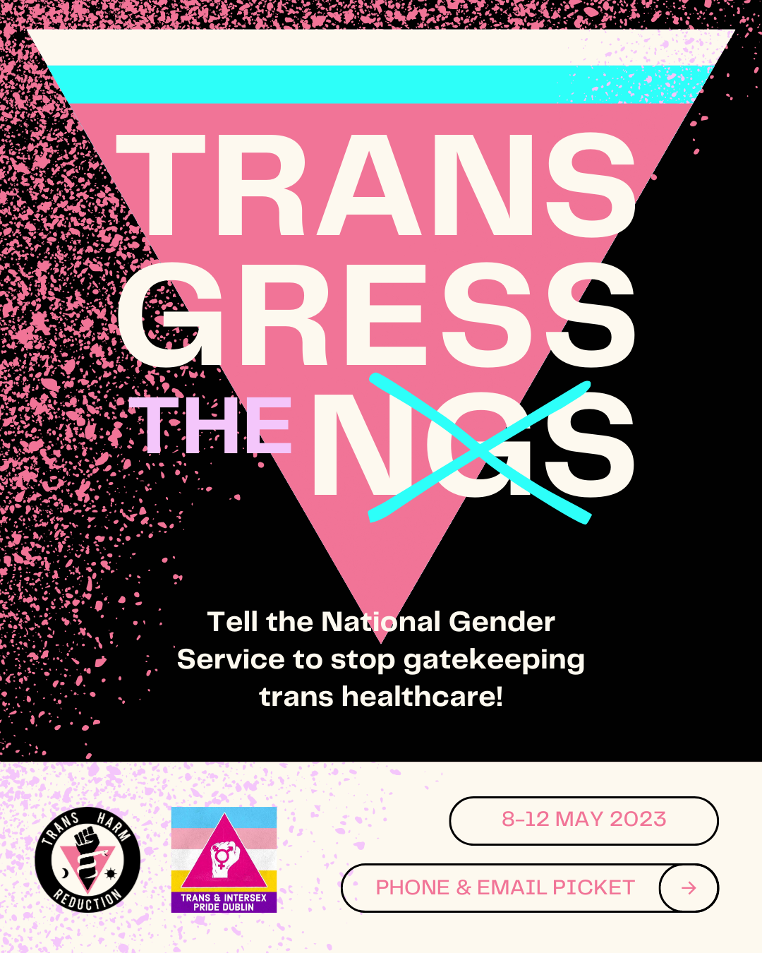 Picture of the trans triangle with a call to action to picket the NGS and to tell the NGS to stop gatekeeping trans healthcare